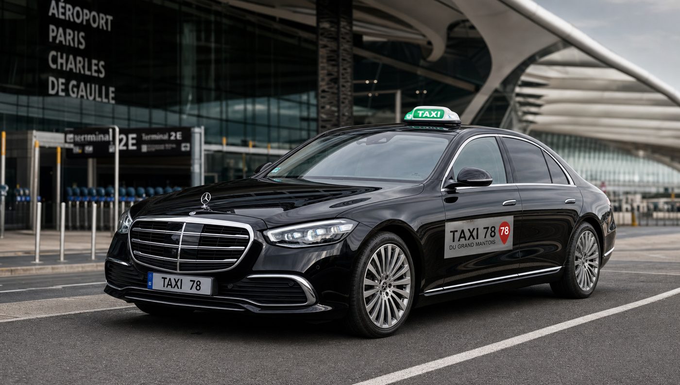 Berline Taxi 78 Mercedes devant l'aéroport Paris-Charles de Gaulle