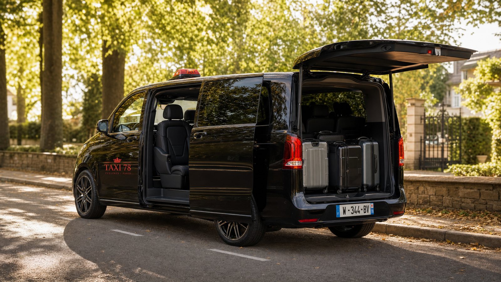 Van familial Taxi 78 Mercedes avec coffre ouvert et valises