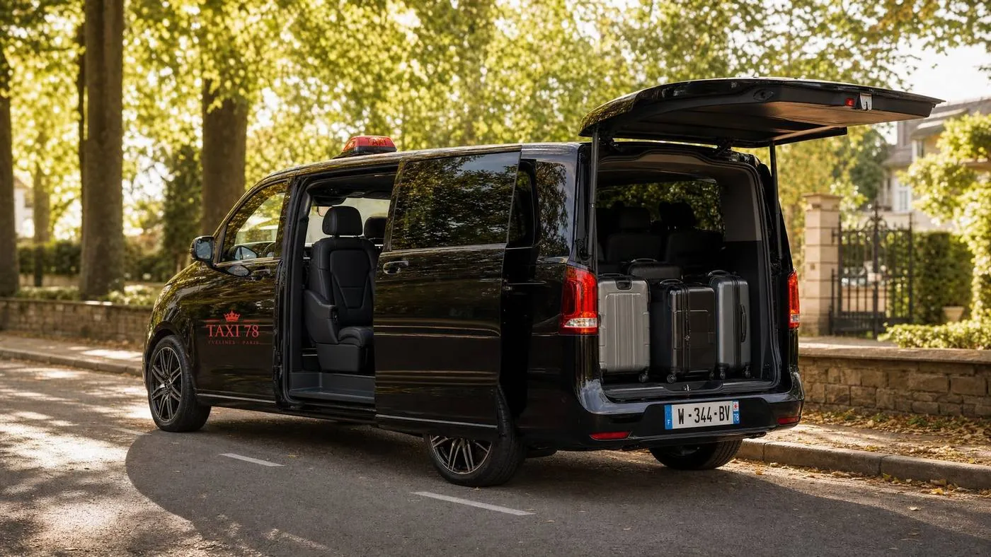 Van familial Taxi 78 Mercedes avec coffre ouvert et valises